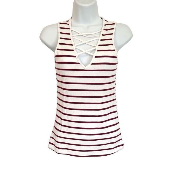 🔥4/$25 Rue 21 Junior’s Striped Tank Top Criss Cross Front White Burgundy Small - Picture 1 of 6
